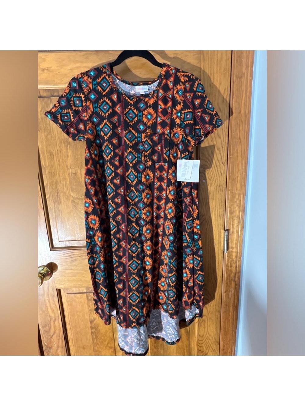 LuLaRoe Carly Dress High Low Swing T Shirt Flowy Pocket Black Red Aztec XXS NWT